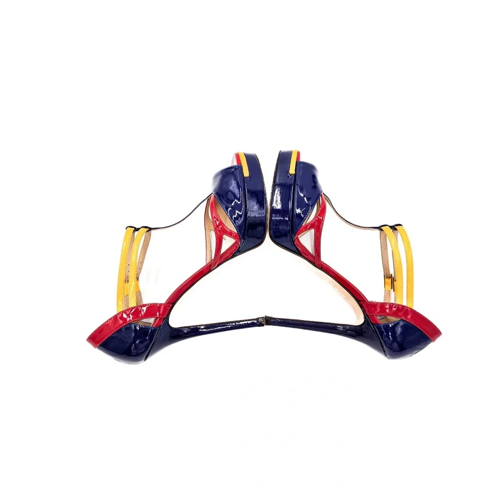 FENDI Navy Red Patent Leather T-Strap Platform Heels EU 36.5 - Picture 6 of 10